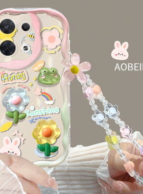 适用于opporeno8手机壳奶油框6/7pro夏季透明新款5PRO全包镜头4se立体女Reno3防摔花手链r15/17兔子硅胶5g潮
