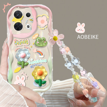 适用于opporeno8手机壳奶油框6/7pro夏季透明新款5PRO全包镜头4se立体女Reno3防摔花手链r15/17兔子硅胶5g潮