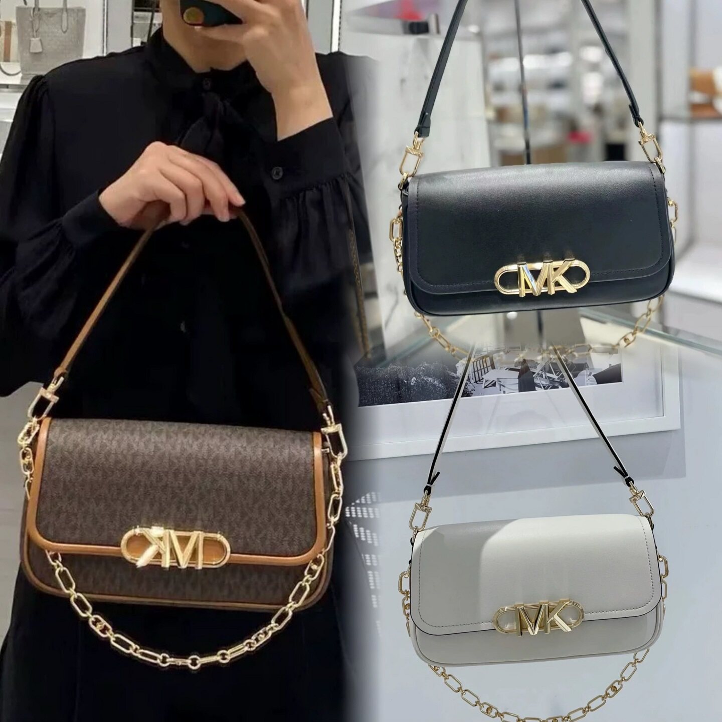 美国正品MK女包经典Parker腋下包链条包老花真皮手提包百搭通勤包