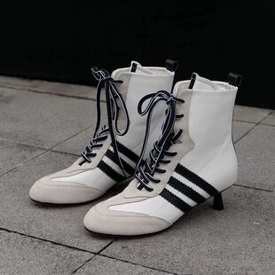 高级小众~!时髦运动短靴女猫跟5cm细跟系带拳击鞋休闲运动马丁靴