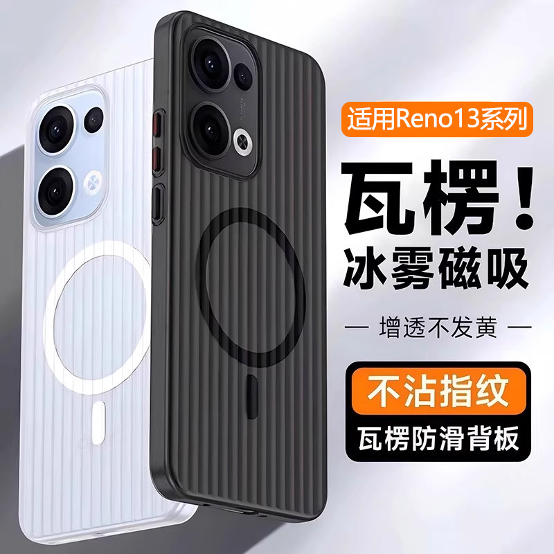 逸晟适用OPPO Reno13手机壳oppo新款Reno13Pro瓦楞超薄PP壳透明reno14光栅14pro行李箱纹magsafe磁吸防摔硬壳