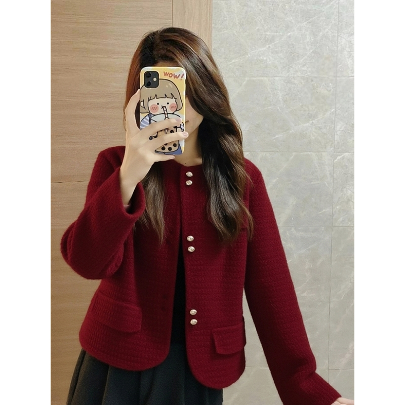 圣诞新年红色粗花呢有质感厚外套