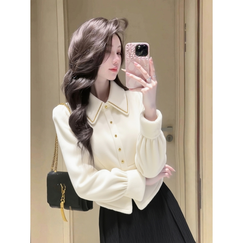 高级感气质白色丝绒衬衫女冬