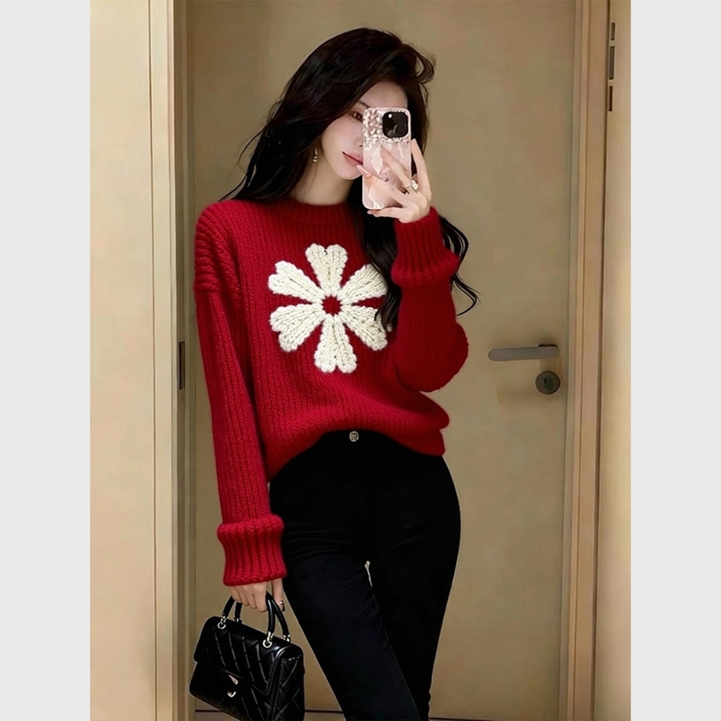 本命年红色立体花朵粗线毛衣冬