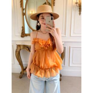 多巴胺橘色荷叶边雪纺衫海边度假穿搭泰国绝美小吊带无袖花苞上衣