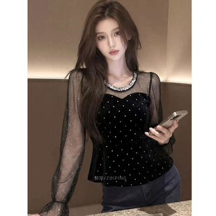黑色波点网纱拼接长袖上衣女大码显瘦气质内搭2026春季新款高级感