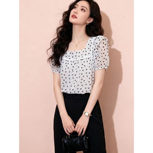 荷叶边 上衣减龄女装 甜美少女风方领雪纺衫 女夏小清新白色波点短袖