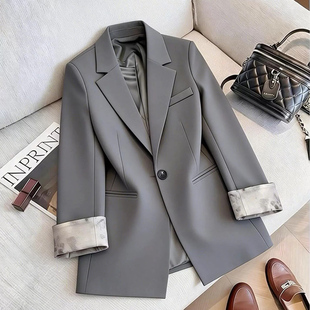 灰色西装外套女春2026超火减龄高级感晕染老钱风巨好看单排扣上衣