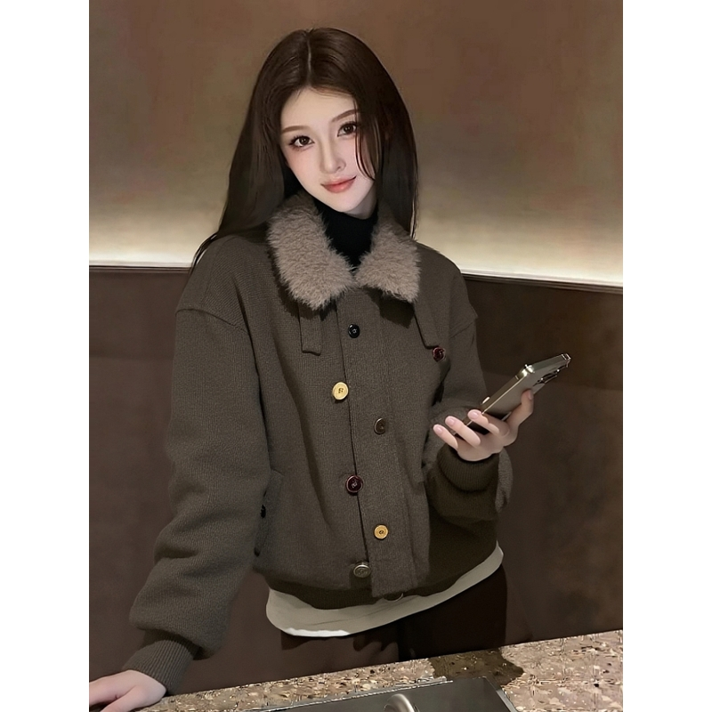 时髦韩系冷茶色毛领厚外套女冬