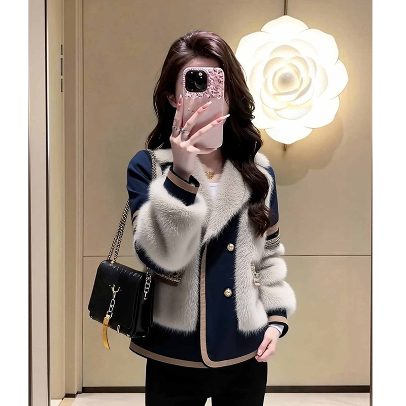 蓝色拼接毛绒翻领短外套女