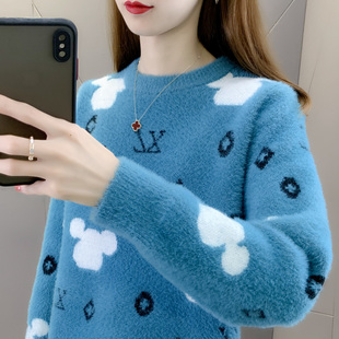 洋气上衣 圆领宽松软糯针织打底衫 水貂绒毛衣女秋冬季 2023年新款