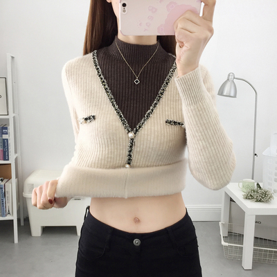 半高领一体绒加绒加厚假两件毛衣