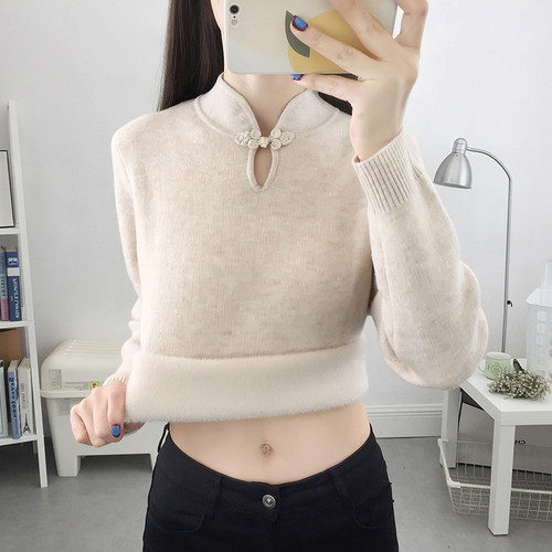 旗袍领一体绒加绒加厚毛衣女