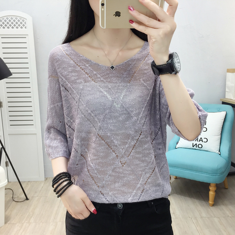 2020新款夏季套头镂空宽松罩衫洞洞上衣韩版蝙蝠衫薄款针织衫女