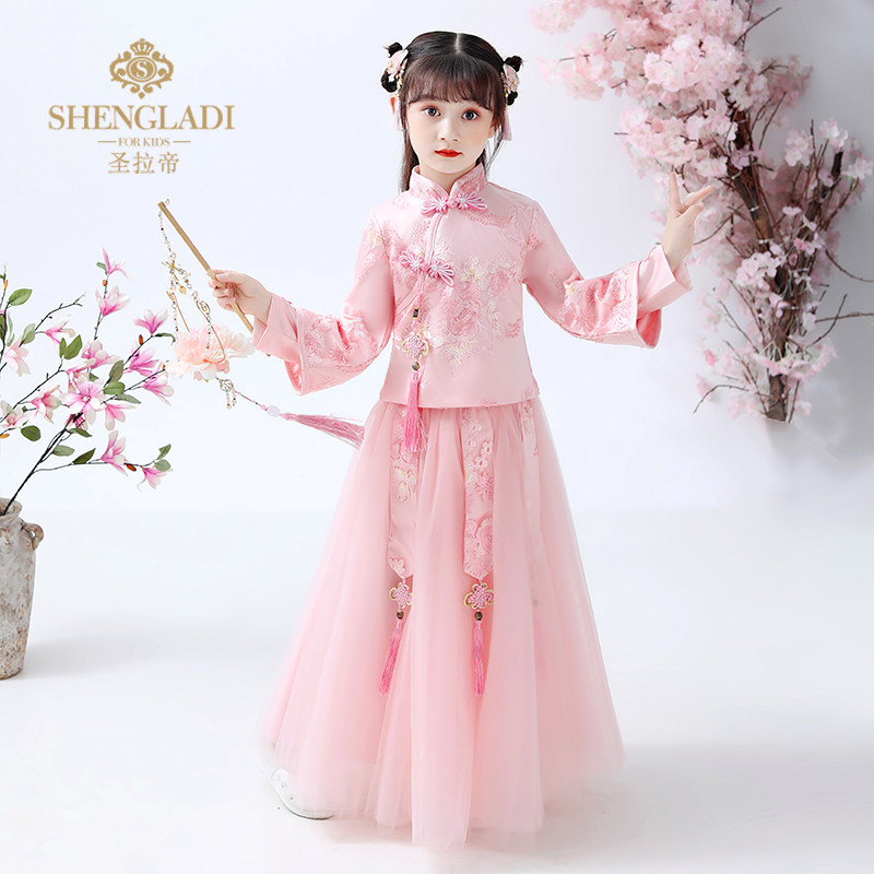 新品汉服女童高端中国风旗袍两件套唐装粉色高端儿童古装超仙高端