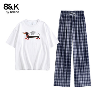班尼路S&K白色短袖格子裤休闲套装女夏季新款2026超火穿搭两件套H