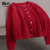 班尼路S&K系列红色本命年绞花针织毛衣女款 2026秋冬新款 上衣外套H