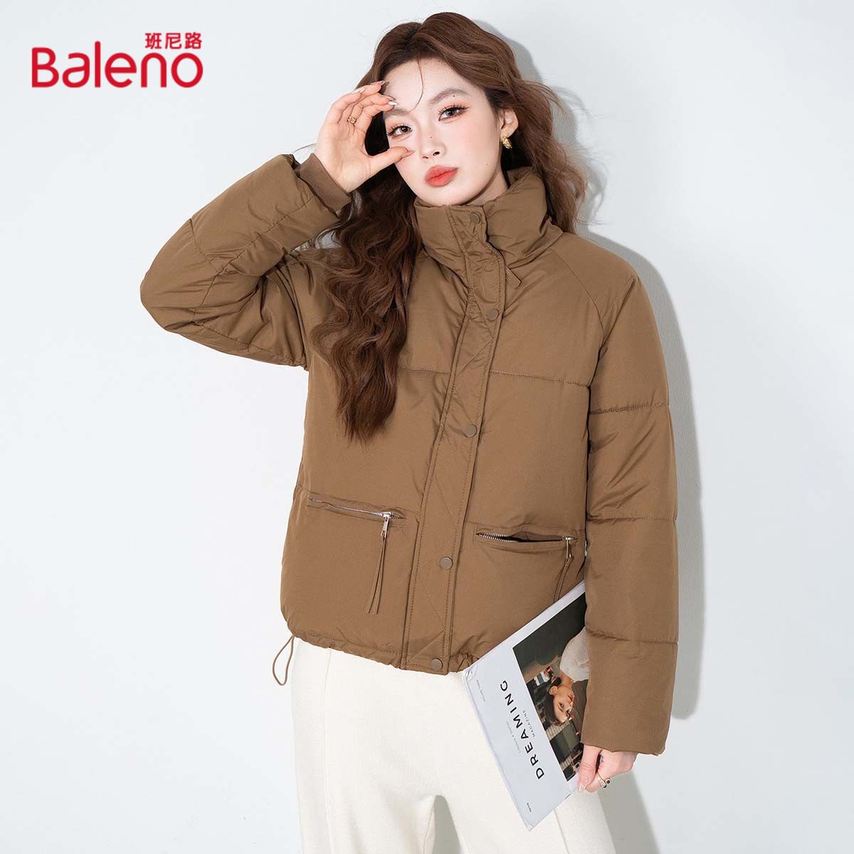 班尼路时尚宽松舒适立领棉服女式冬季加绒加厚保暖休闲百搭外套J