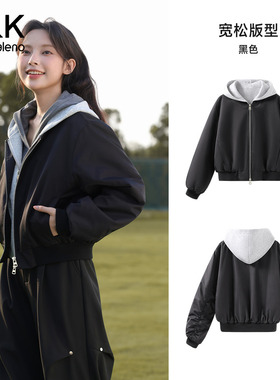 班尼路S&K系黑色假两件夹克女棉服2025秋冬新款短款夹棉外套上衣H