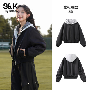 班尼路S&K系黑色假两件夹克女棉服2025秋冬新款短款夹棉外套上衣H