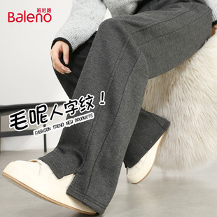 休闲直筒阔腿裤 班尼路灰色加绒人字纹糯米裤 时尚 爆款 女2025冬季