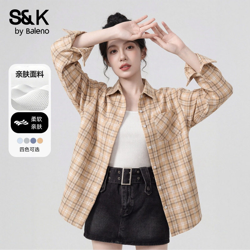 班尼路S&K系列美式复古POLO领格纹衬衫女款2026春夏新款宽松外套N,女装/女士精品,衬衫,淘宝优惠券,粉丝福利购,淘宝优惠卷