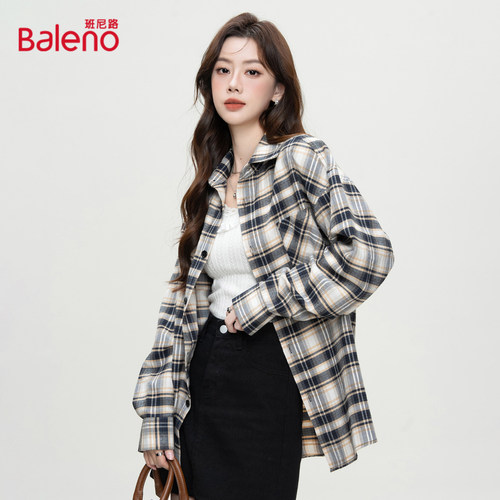 班尼路格子衬衫女中长款