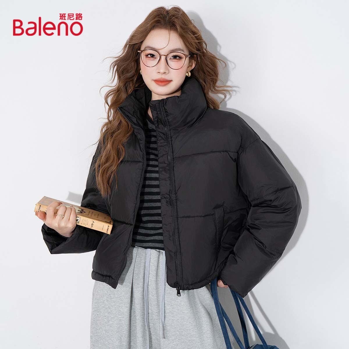 班尼路加绒加厚女式立领棉服冬季宽松舒适保暖休闲百搭通勤外套J