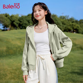 班尼路绿色外套女2025秋季 小个子宽松休闲卫衣Q 开衫 新款 连帽短款