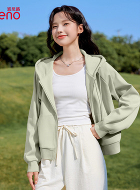 班尼路绿色外套女2025秋季新款连帽短款开衫小个子宽松休闲卫衣Q