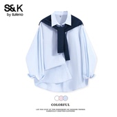 新款 班尼路S&K系列蓝色翻领披肩衬衫 女秋季 氛围感两件套上衣Q