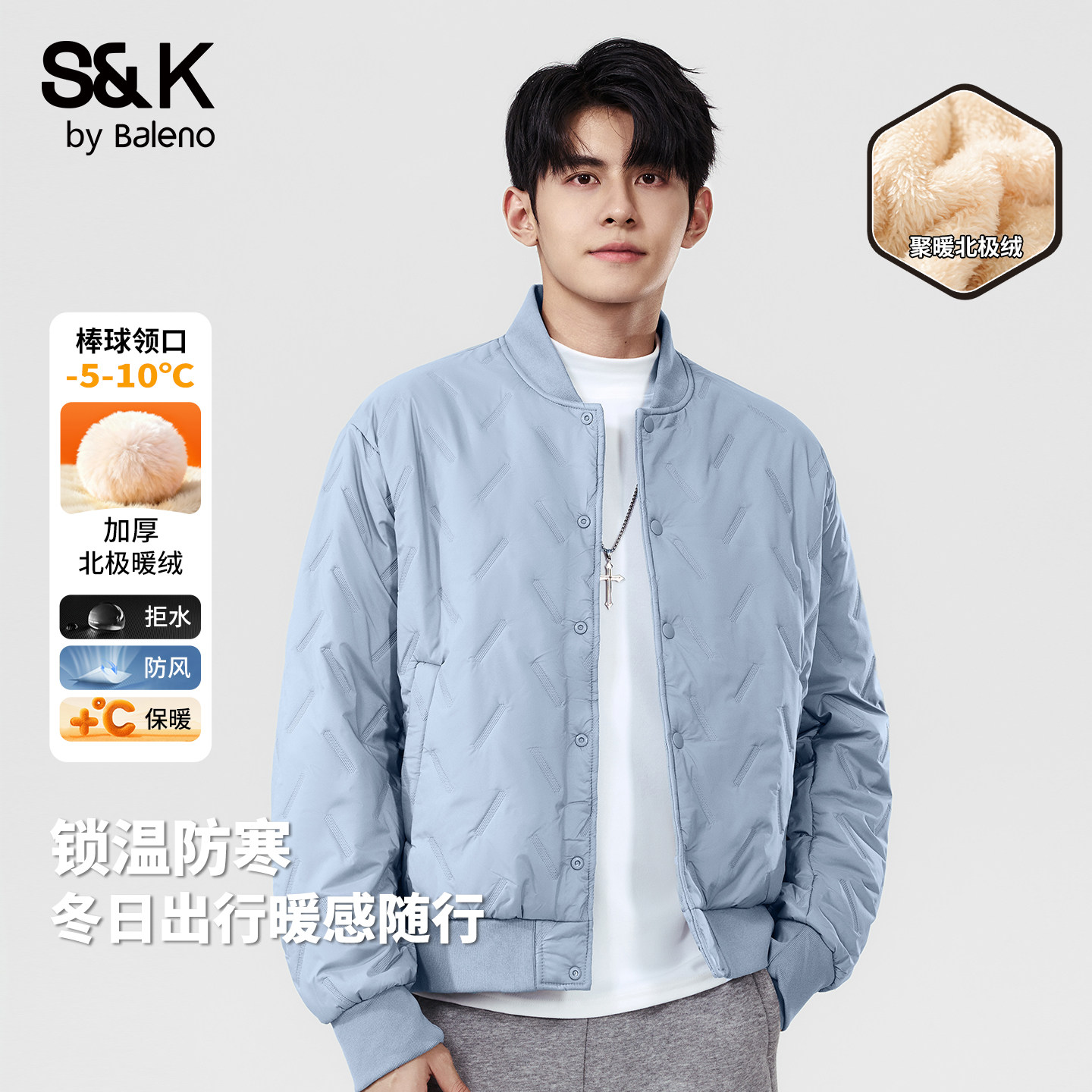 班尼路S&K浅蓝色棉服外套男冬季