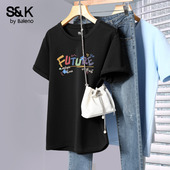 班尼路S&K系列黑色短袖 纯棉正肩上衣H 宽松大码 t恤女夏季 2026新款