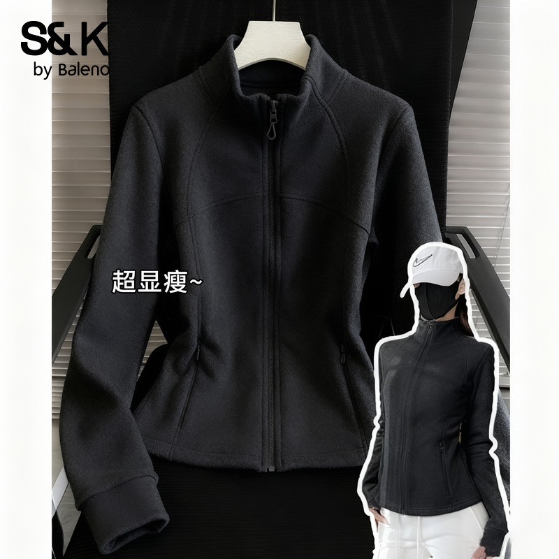 班尼路S&K系列黑色立领修身外套女款2025秋冬新款双面绒保暖上衣Q