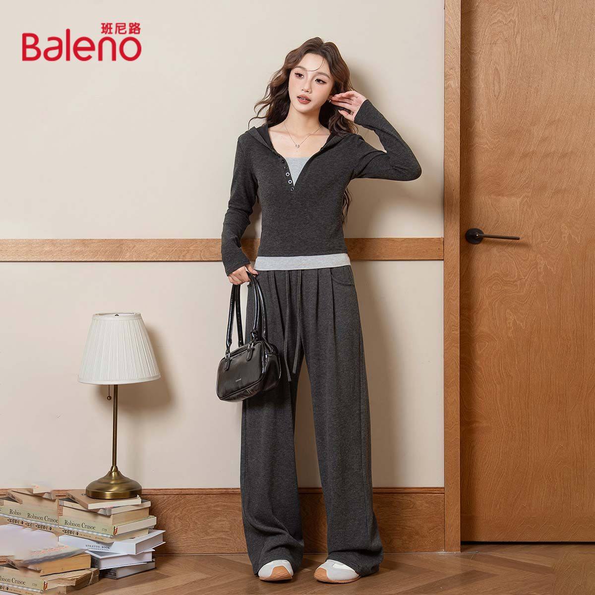 班尼路简约高级感百搭休闲套装女春秋季假两件连帽上衣针织长裤J