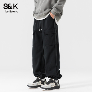 秋季 男款 重磅宽松男士 休闲裤 班尼路S&K黑色工装 青少年束脚卫裤 裤