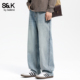 复古水洗牛仔裤 男2026新款 宽松直筒阔腿裤 班尼路SK美式 蓝色长裤