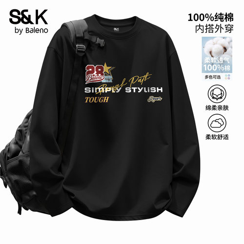 班尼路S&K黑色纯棉正肩长袖t恤男