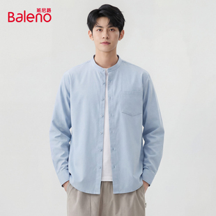 新款 春季 复古亨利领休闲通勤衬衣男国风蓝色上衣A 男款 班尼路衬衫