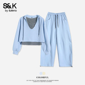 班尼路S&K系列卫衣套装 上衣阔腿弯刀裤 女2026春夏新款 连帽短款