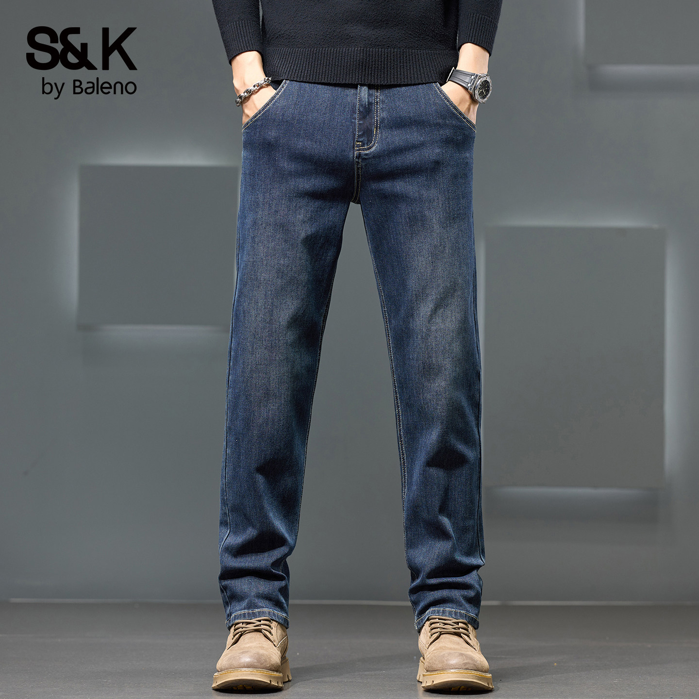 班尼路SK加绒牛仔裤男冬季加厚保暖直筒宽松阔腿有弹力百搭长裤YS