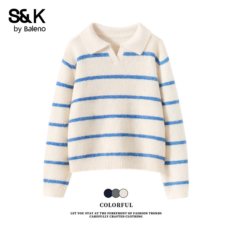班尼路S&K系列polo领长袖针织毛衫女款秋冬新款韩系条纹拼色毛衣Q