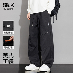 男春秋季 裤 2026新款 男士 黑色潮牌E 班尼路美式 宽松直筒长裤 工装