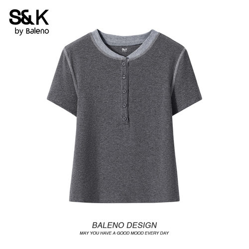 班尼路S&K灰色亨利领正肩短袖t恤