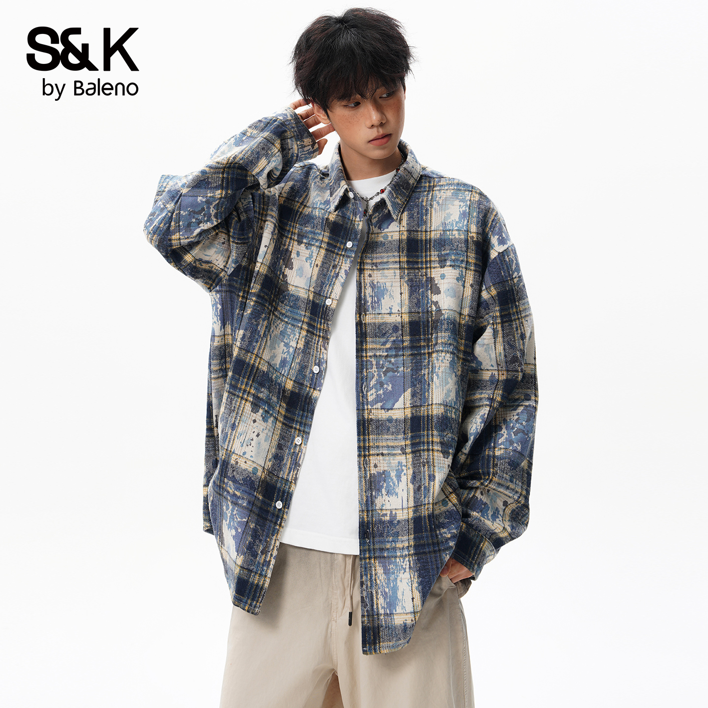 班尼路SK美式复古格纹长袖衬衫男