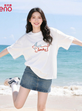 班尼路白色纯棉短袖T恤女款2026新款夏季巨好看宽松休闲正肩上衣N