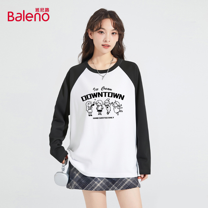 班尼路撞色纯棉长袖t恤女2025年春季新款插肩袖宽松圆领印花上衣Q