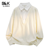 假两件长袖 卫衣男士 秋季 班尼路SK美式 新款 高级感翻领复古上衣服YS