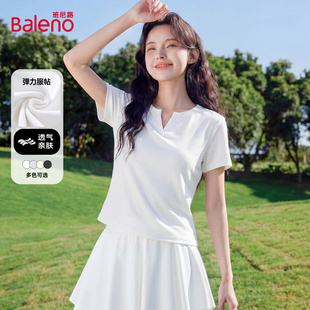 班尼路白色短款v领正肩短袖t恤女2026夏新款小个子修身半袖上衣M