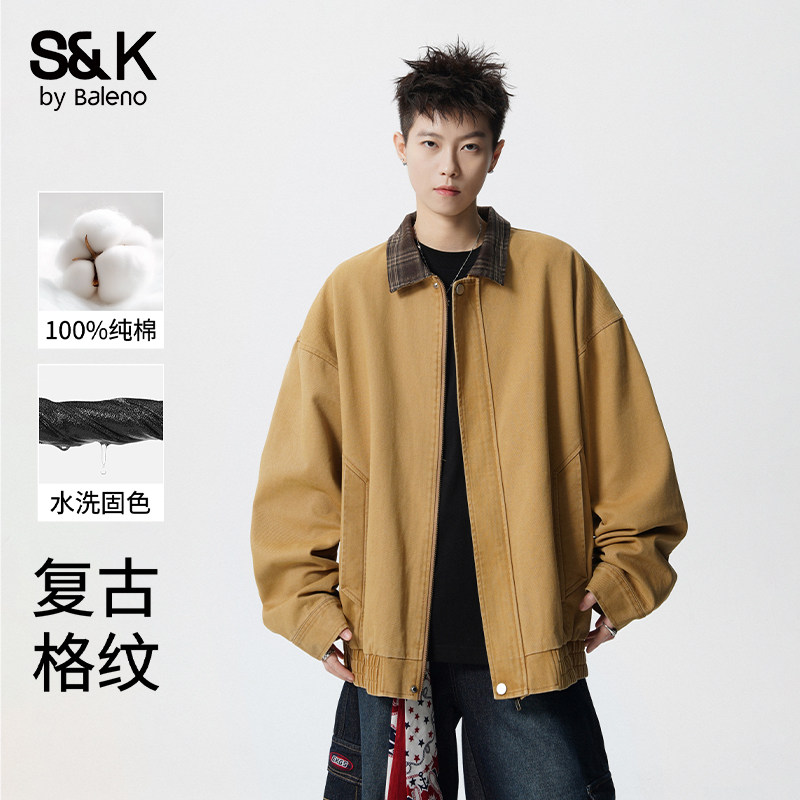 班尼路格纹美式翻领夹克男士春秋2026新款宽松休闲男生纯棉外套E,男装,夹克,淘宝优惠券,粉丝福利购,淘宝优惠卷